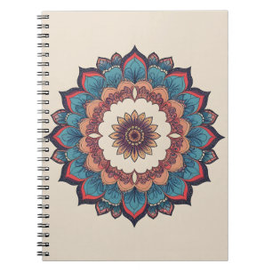 Boho Mandala Bloom Teal & Coral Spiral Notebook