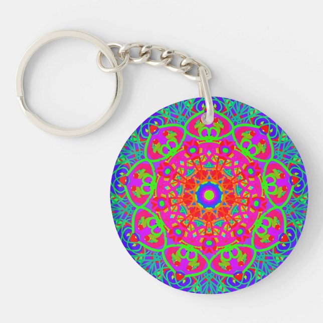 Boho Mandala Blue Pink Double Sided Keychain (Front)