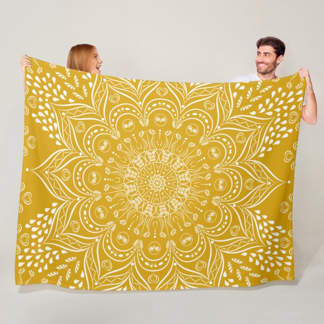 Boho Mandala Bright Mustard Yellow Fleece Blanket (In Situ)