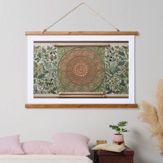 Boho Mandala Carving and Botanical Linen Wall Tape Hanging Tapestry