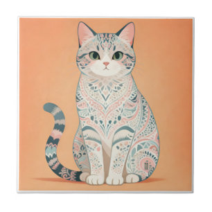 Boho Mandala Cat   Pastel Ornamental Paisley Kitty Tile