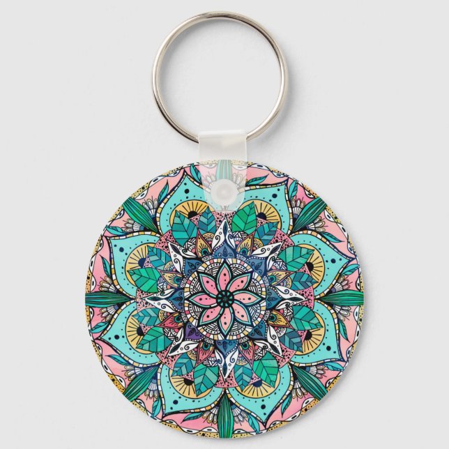 Boho Mandala Colourful Watercolor Floral Key Ring (Front)