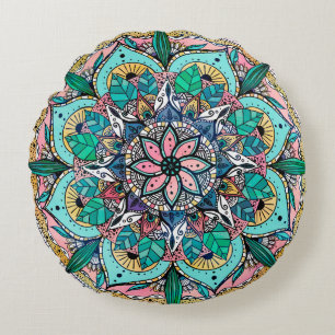 Boho Mandala Colourful Watercolor Floral Round Cushion