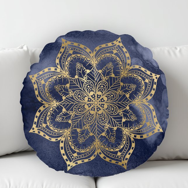 Boho Mandala Gold Navy Blue Ink Texture Round Cushion (Creator Uploaded)