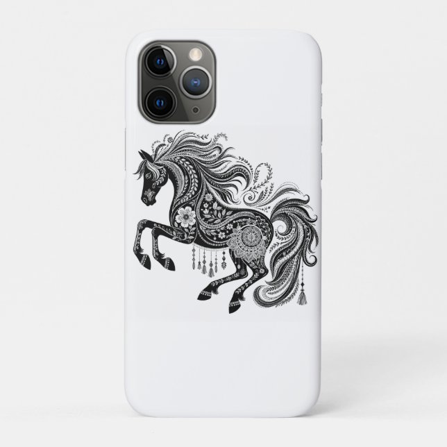 Boho Mandala Horse Black & White Art Phone Case (Back)