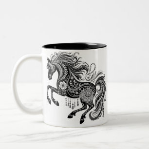 Boho Mandala Horse Ornate Floral Art Coffee  Two-Tone Coffee Mug