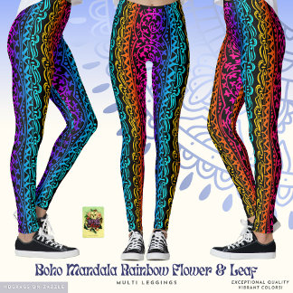 Boho Mandala Rainbow Flower & Leaf Leggings