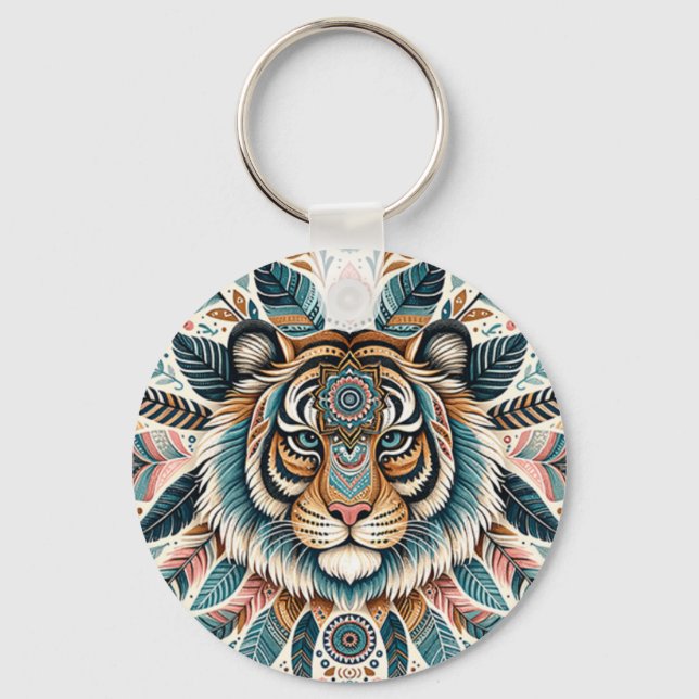 Boho mandala tiger feathers woman key ring (Front)
