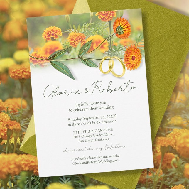 Boho Marigold Blooms and Wedding Rings Art Invitation (Creator Uploaded)