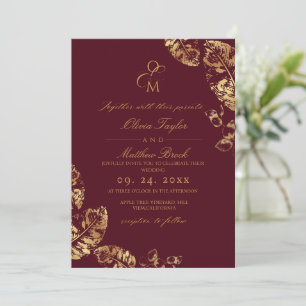  Boho Maroon Autumn   Gold Rustic Wedding Invitation