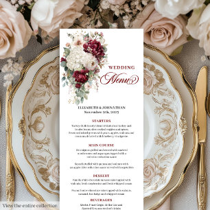 Boho maroon white gold floral wedding menu design