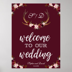 Boho Marsala Burgundy Welcome To Our Wedding Sign