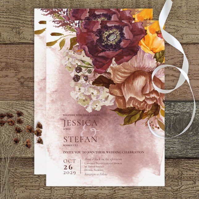 Boho Marsala Clay & Yellow Bouquet Wedding Invitation (Creator Uploaded)