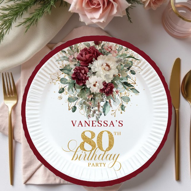 Boho Marsala Floral 80th Birthday Paper Plates (Boho Marsala Floral 80th Birthday Paper Plates)
