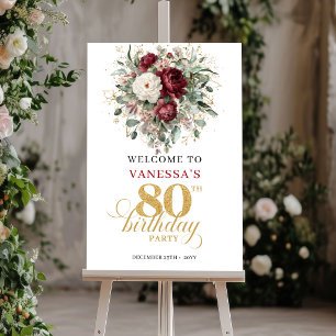 Boho Marsala Floral 80th Birthday Welcome Sign