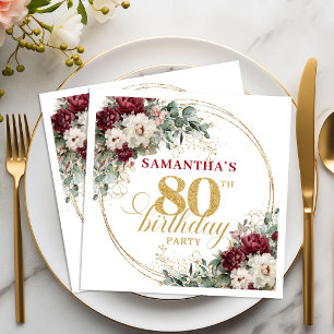 Boho Marsala Floral Gold 80th Birthday Napkins