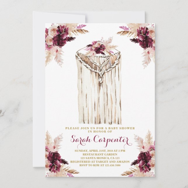 Boho marsala macrame baby shower invitation girl (Front)