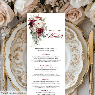 Boho marsala white gold floral wedding menu card