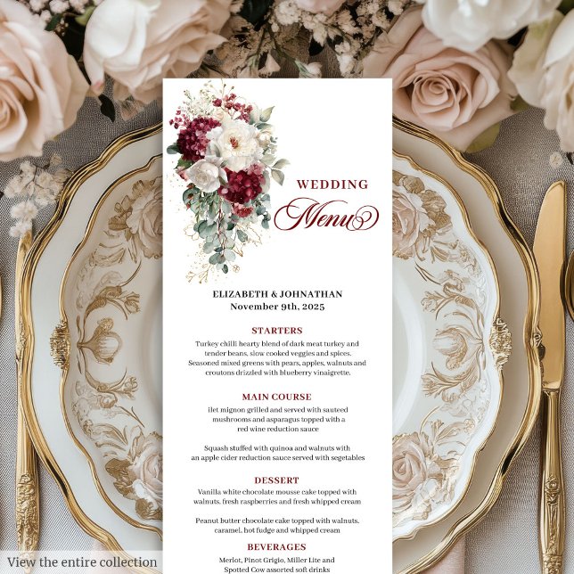 Boho marsala white gold floral wedding menu card (Boho marsala white gold floral wedding menu card

)