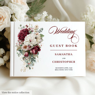 Boho marsala white gold roses wedding guest book