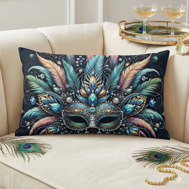 Boho Masquerade Feather Jewel Mask Lumbar Cushion (Boho Masquerade Feather Jewel Mask Lumbar Pillow Mockup A)
