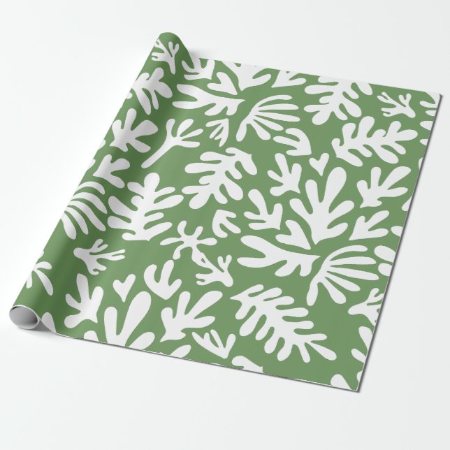 Boho Matisse Botanical Shapes Dark Green Christmas Wrapping Paper (Unrolled)
