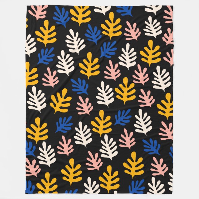 Boho Matisse Botanical Shapes in Black Pink Blue  Fleece Blanket (Front)
