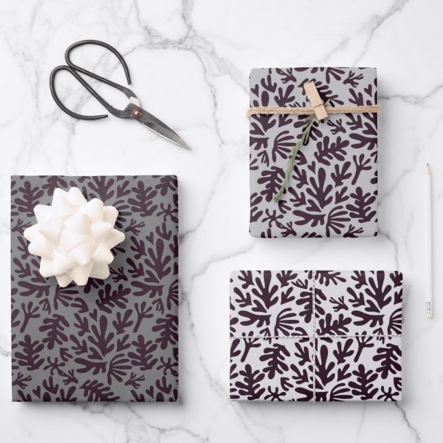 Boho Matisse Botanical Shapes Pattern Black Grey Wrapping Paper Sheet (Front)