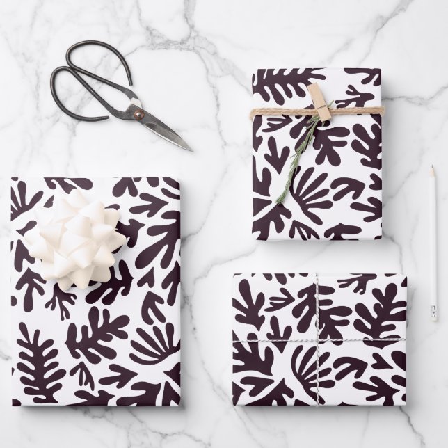 Boho Matisse Botanical Shapes Pattern Black White Wrapping Paper Sheet (Front)