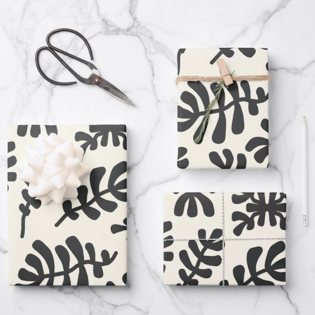 Boho Matisse Botanical Shapes Pattern Black White Wrapping Paper Sheet (Front)