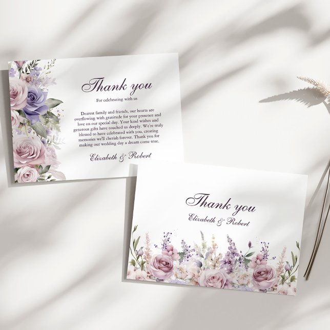 Boho Mauve and Lilac Floral Wedding Thank You Card (Boho Mauve and Lilac Floral Wedding Thank You Card on a sunny white table with a tiny dry botanical)