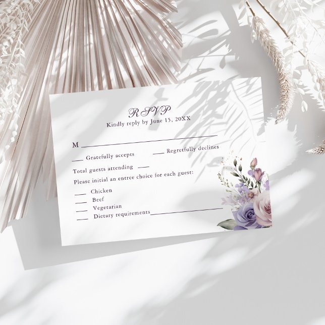 Boho Mauve and Lilac Flowers Wedding RSVP Card (Boho Mauve and Lilac Flowers Wedding RSVP Card on a sunny table with boho white dry botanicals.)