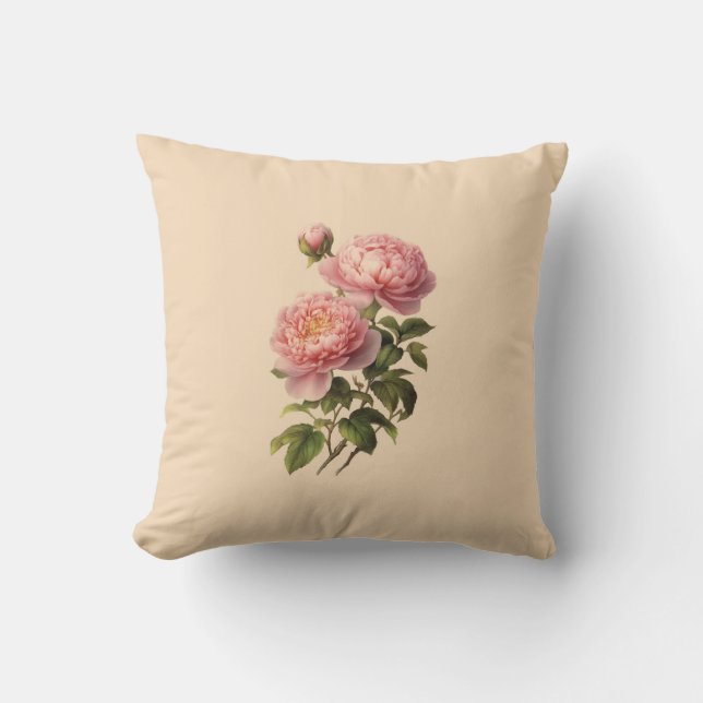 Boho mauve pink green ivory peonies flower throw  cushion (Front)