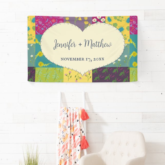 Boho Maximalist Patchwork Quilt Wedding Banner (Insitu)