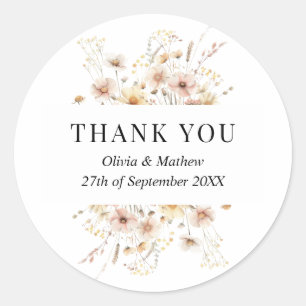 Boho Meadow Beige Wildflowers Wedding Thank You Classic Round Sticker