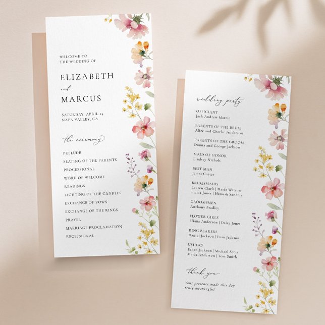 Boho Meadow Wildflower Wedding Program Programme (Boho meadow wildflower wedding program with pastel florals and elegant serif typography)
