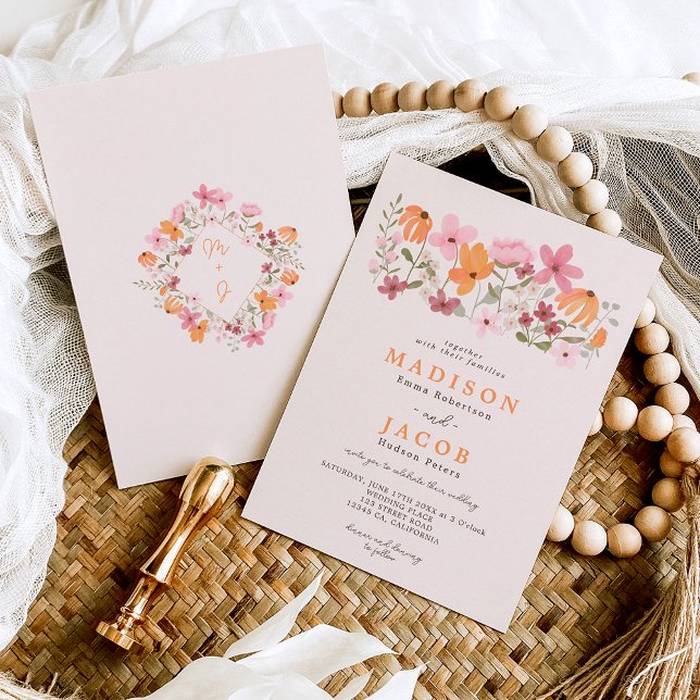 Boho meadow wildflowers initials wedding invitation (Creator Uploaded)