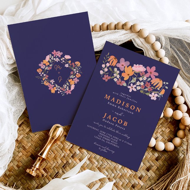 Boho meadow wildflowers initials wedding invitation (Creator Uploaded)