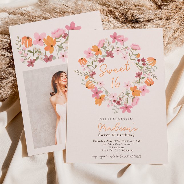 Boho meadow wildflowers photo Sweet 16 Invitation (Creator Uploaded)