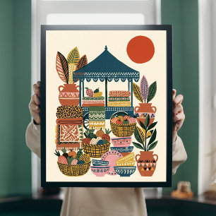 Boho Mediterranean Market Folk Art Pottery Canvas Poster