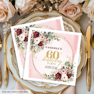 Boho Merlot Blush Floral Gold 60th Birthday Napkin