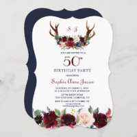 Boho Merlot Navy Blue Floral Antlers 50th Birthday
