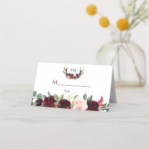 Boho Merlot Navy Blue Floral Antlers Table Number Place Card