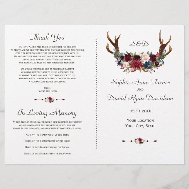 Boho Merlot Navy Floral Antlers Wedding Program (Front)
