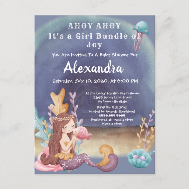 Boho Mermaid, Tropical fish Girl Baby Shower Invitation Postcard (Front)