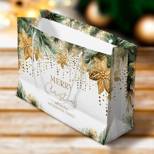 Boho Merry Christmas gold poinsettia Large Gift Bag