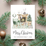 Boho Merry Christmas Holiday Card<br><div class="desc">Boho-inspired holiday card featuring a watercolor illustration of a cosy sage green home interior decorated for Christmas with a wreath,  fireplace,  reindeer,  a Christmas tree,  candles and gnomes. "Merry Christmas" is written in a trendy modern script. Add your name and the year in simple modern typography.</div>
