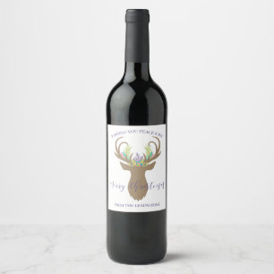Boho Merry Christmas Reindeer Typography Wine Label