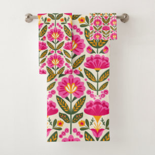 BOHO Mexican Talavera Flowers Fuchsia Pink Floral Bath Towel Set