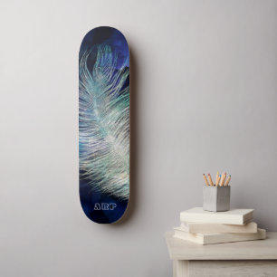 *~* Boho Midnight Blue Sky Cosmic Pastel Feather Skateboard